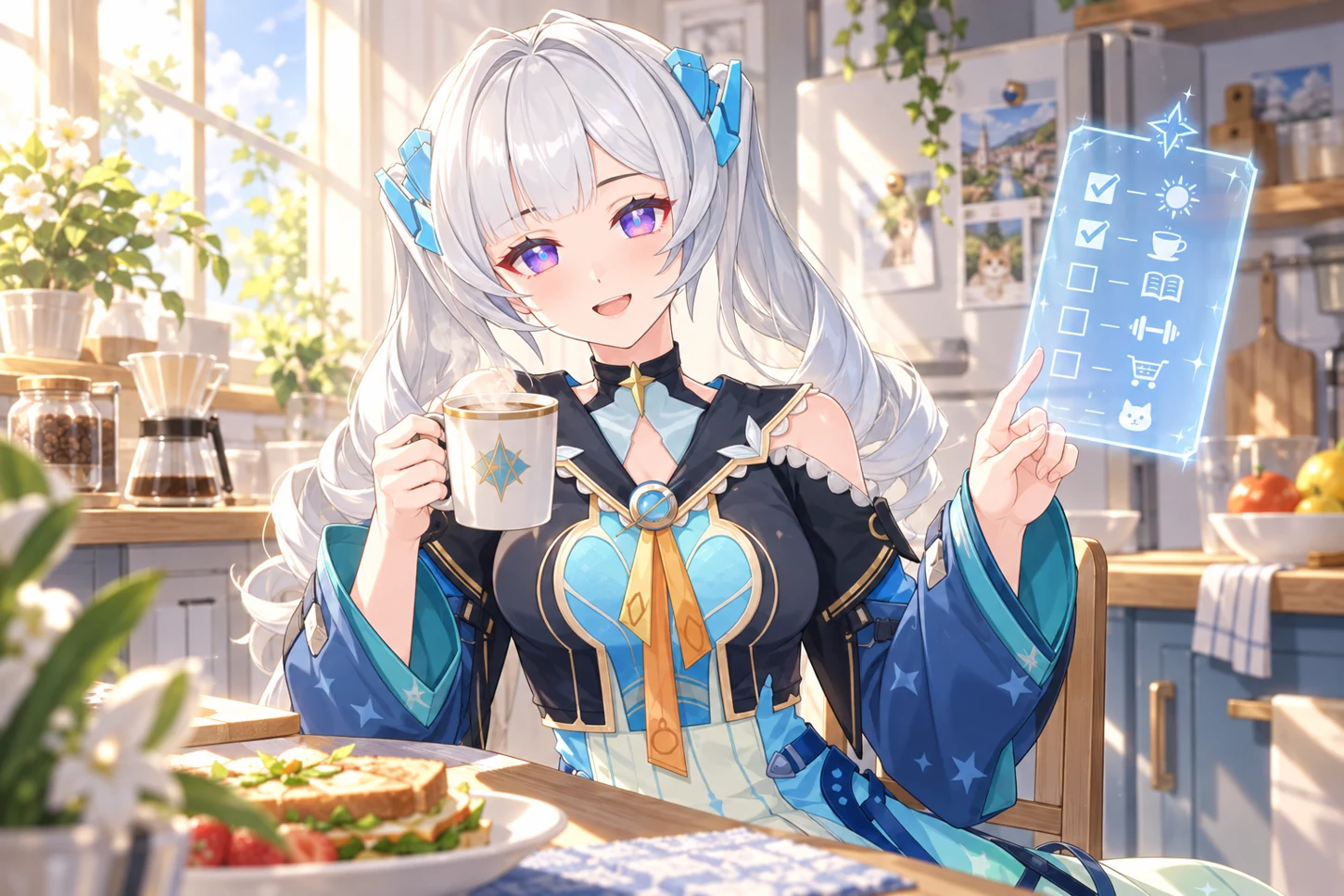 Ling bringing coffee and breakfast into a sunlit room